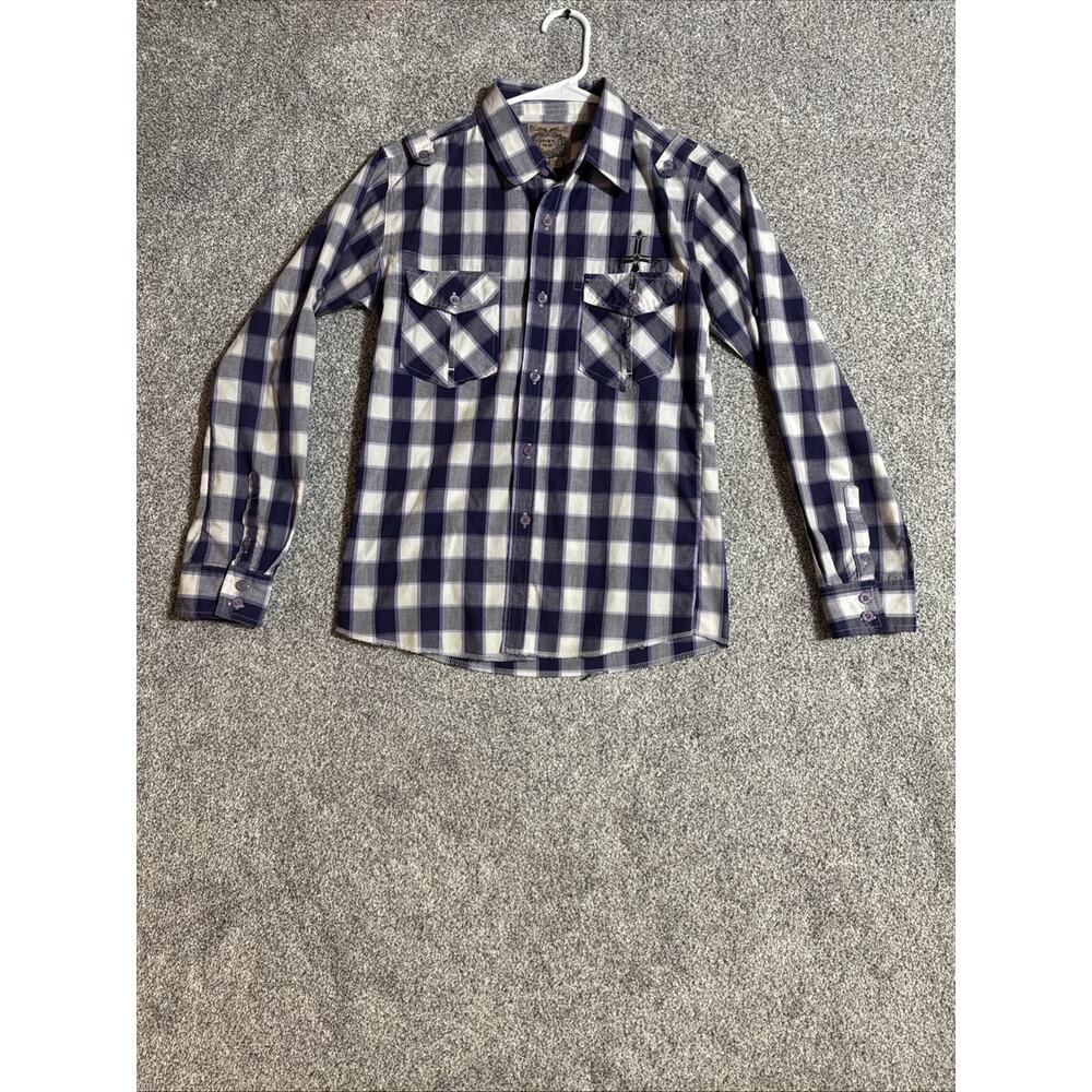 Pacific Blue Button Up Shirt Womens XL Western Plaid Rocker Tattoo Punk Y2K Look